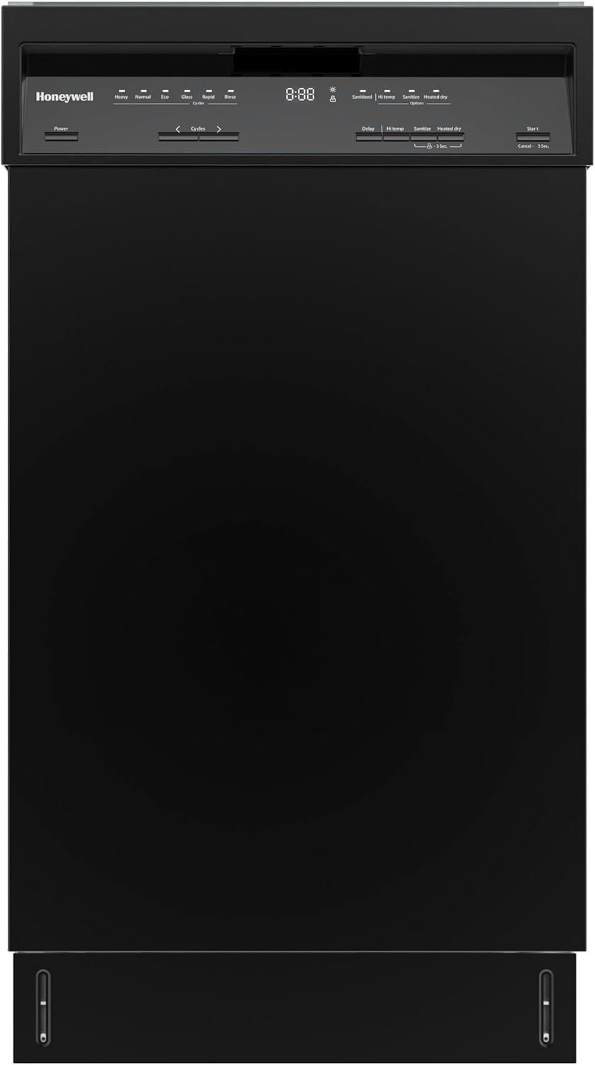 Honeywell 18 Inch Dishwasher with 8 Place settings, 6 Washing Programs, Stainless Steel Tub, UL/Energy Star- Black