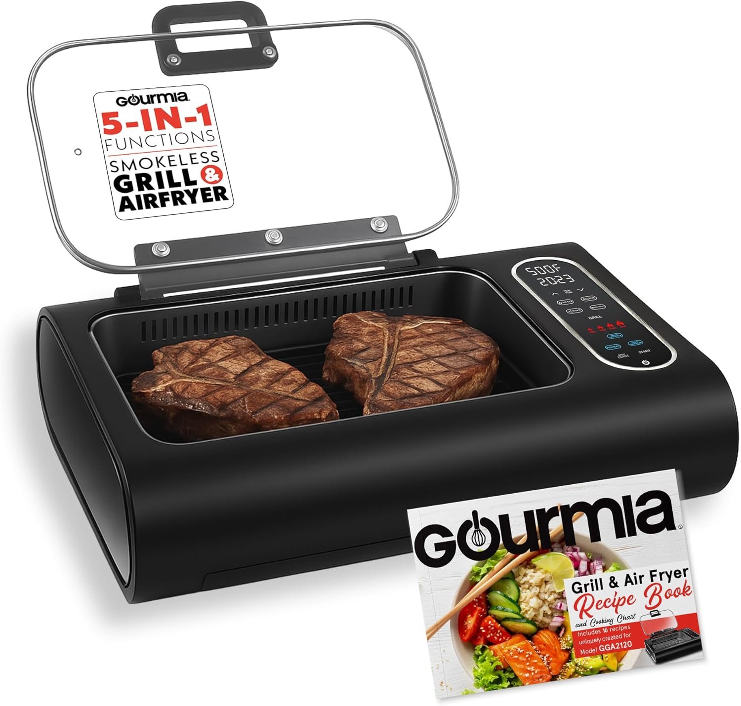 Gourmia Smokeless Indoor Grill & Air Fryer with Recipe Book – Electric Grill for Indoor Use, 5‑in‑1 Countertop Cooker, Cast-Iron Grate, 1650W, Glass Lid, Dishwasher-Safe Plates