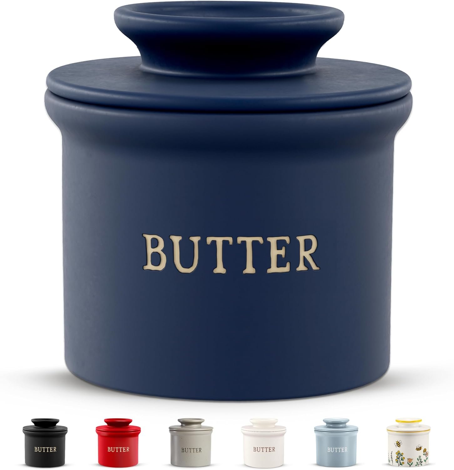 Kook Butter Crock with Lid, Soft Spreadable Butter, Ceramic French Butter Keeper to Leave On Counter with Water Line, Butter Dish, Home and Kitchen Decor, Perfect for Christmas Gift (Navy)