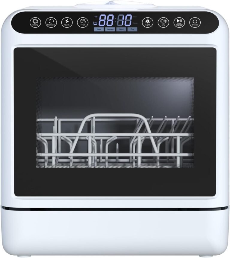 Portable Dishwasher with 5L Water Tank, Mini Dishwasher Countertop, Automatic Smart Countertop Dishwasher with 5 Washing Programs, Air-Dry Function and LED Light, No Hookup Needed, 3-Spray A