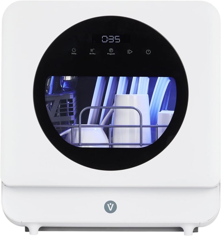 Portable Dishwasher Countertop, Mini Dishwasher with 6 Washing Programs 5.3L Water Tank Hot Air-Dry Function 24H Delayed Start Function LED Light, White