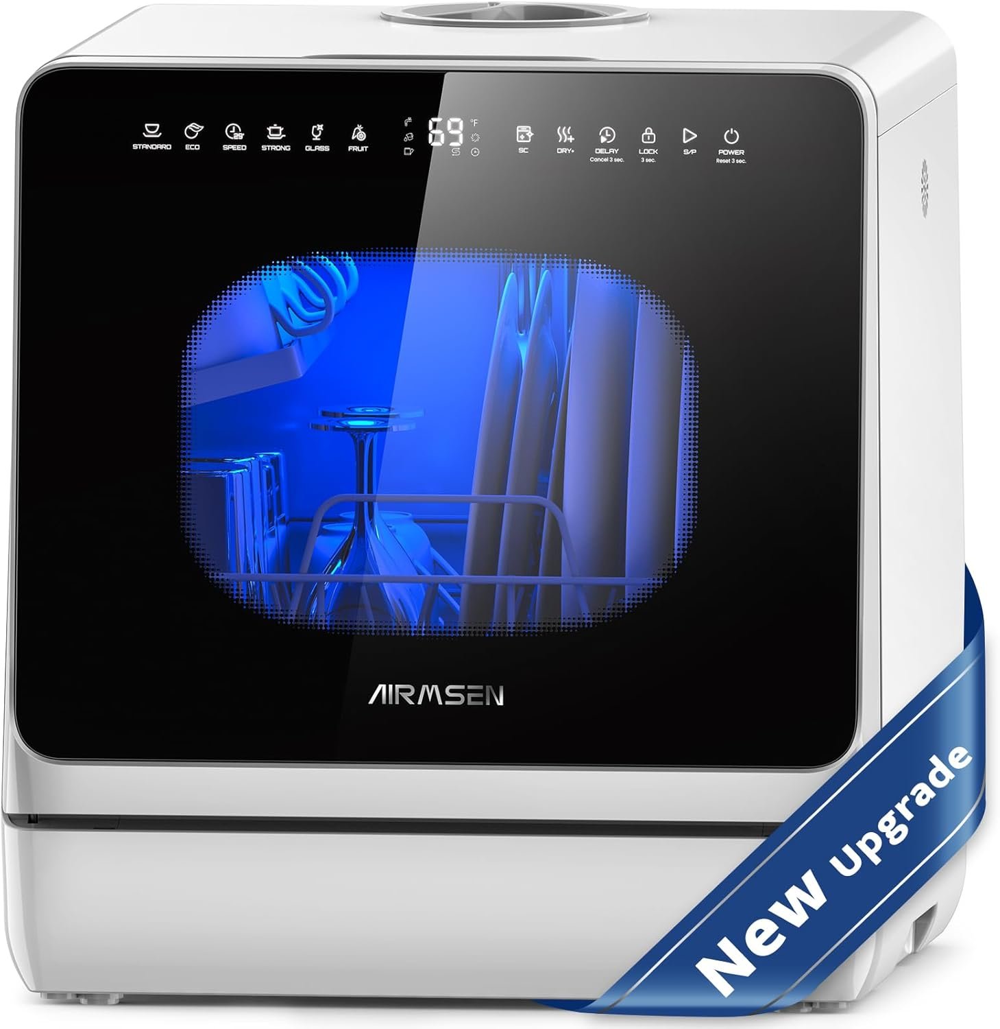 AIRMSEN Countertop Dishwasher - 8 Wash Programs and 3 Useful Function, Integrated Water Softener, Delayed Start, Child Lock, No Hookup Needed, Portable Mini Size for Home, Apartments & RVs